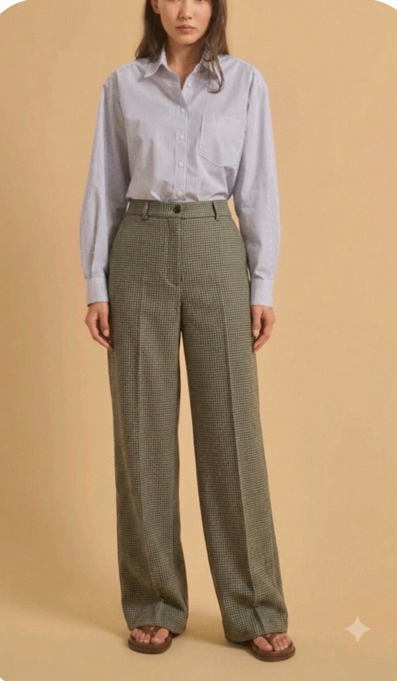 Diega Pomito High Waisted Wide Leg Trouser Pants in Khaki Check S